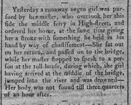 May 1798 news account of the suicide of a captured fugitive slave in Philadelphia.